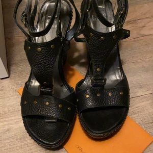 Stuart Weitzman Black leather sandals wedge